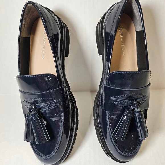 Stuart Weitzman, Adriana Navy Patent Leather Tassel Loafers New Condition - Picture 1 of 9